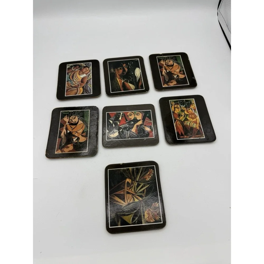 George Keyt Art Coasters Set of 7 Vintage Sri Lanka Cubist Krishna Gopis